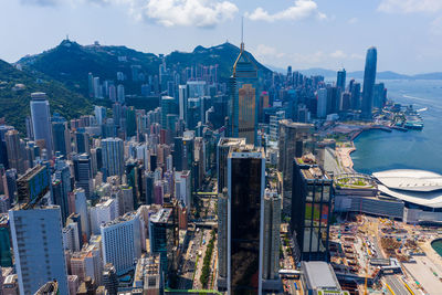 Aerial view of cityscape by bay