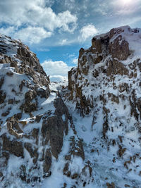 Snow covered rocks against sky