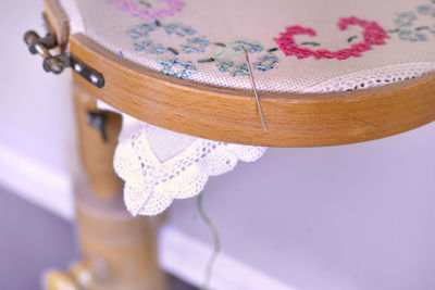 High angle view of hat on purple paper