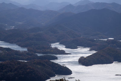 Scenic view of lake and mountains against sky