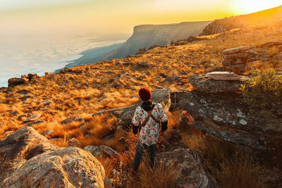 Rear view of man looking at mountain against sky