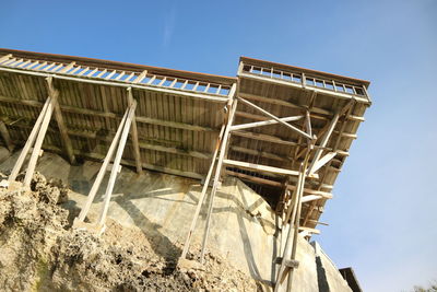 Low angle view of abandoned building against sky