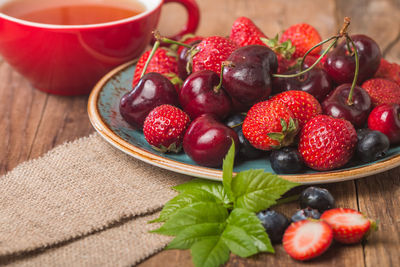 High angle view of strawberries in bowl on table