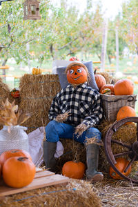 Portrait of woman holding pumpkin