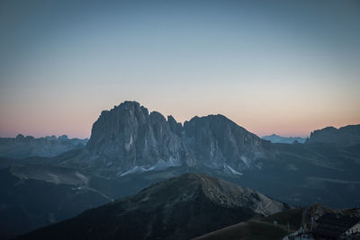 Scenic view of snowcapped mountains against clear sky during sunset