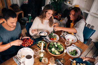 High angle view of women and men having healthy salad in cottage