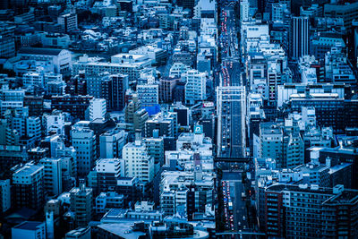 High angle view of modern buildings in city