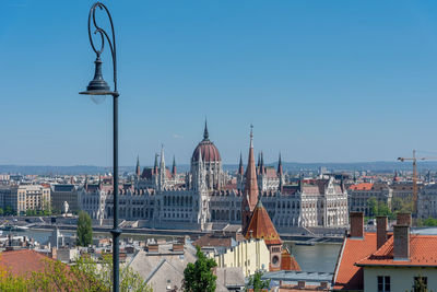 High angle view of buildings in city against clear blue sky