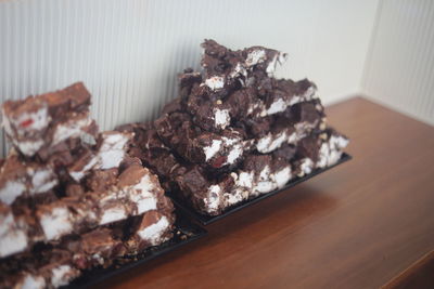 Close-up of chocolate cake on table