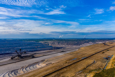 Panoramic view of hambach surface mine and hambach forest, germany. drone photography.
