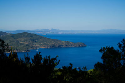 Scenic view of sea and mountains against sky