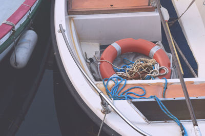 High angle view of ropes on boat