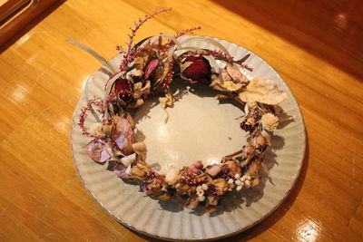 High angle view of chocolate cake in plate on table