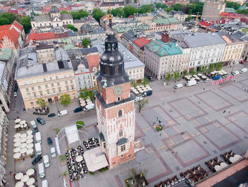 High angle view of buildings in city. krakow poland