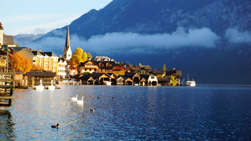 Scenic view of sea and buildings in city