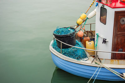 High angle view of boat moored at harbor