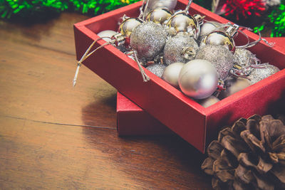 High angle view of christmas decorations on table