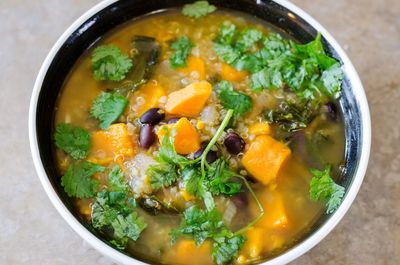 High angle view of soup in bowl