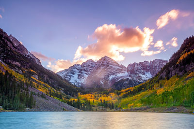 Scenic view of lake and mountains against sky during sunset