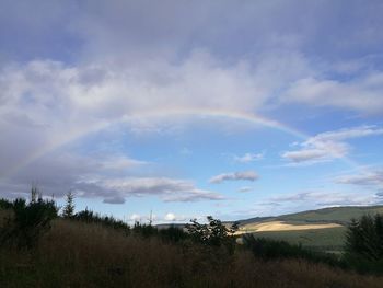 Scenic view of field against rainbow in sky