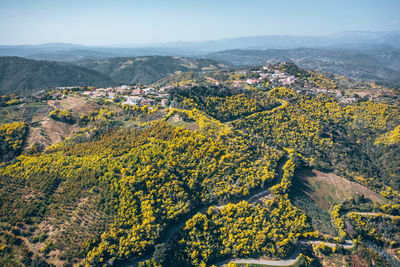 High angle view of townscape against mountain