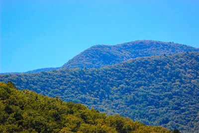 Scenic view of mountains against clear blue sky