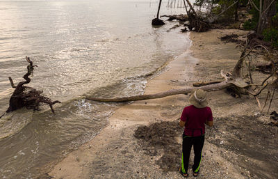 Rear view of woman standing on beach