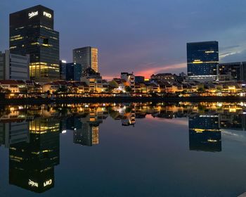 Reflection of illuminated buildings in river at night