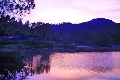 Scenic view of lake against sky at sunset