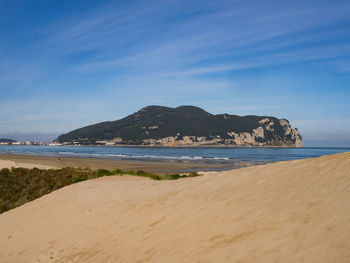 Scenic view of beach against blue sky