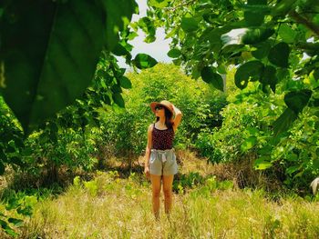 Full length portrait of young woman standing on tree