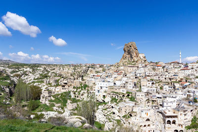 Buildings in town against blue sky