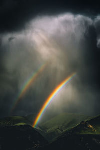 Scenic view of rainbow over mountains against cloudy sky