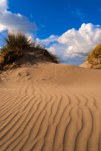 Sand dunes in desert against sky