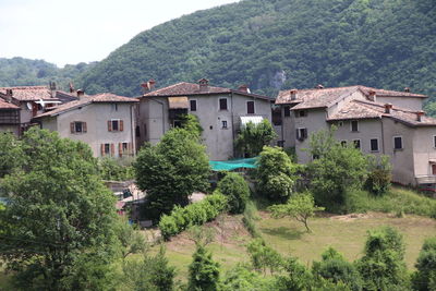 Trees and houses by mountains against sky