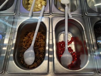 High angle view of dessert in glass container