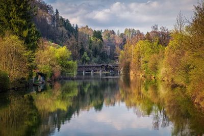 Scenic view of lake against sky during autumn