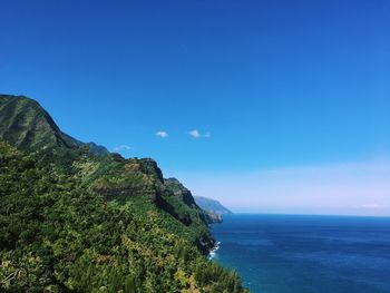 Scenic view of sea against clear blue sky