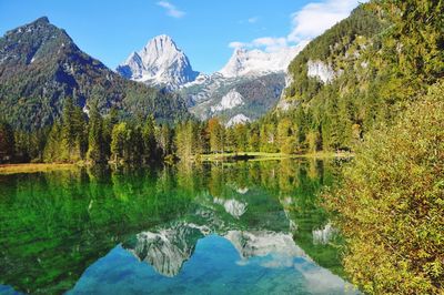 Scenic view of lake and mountains against sky