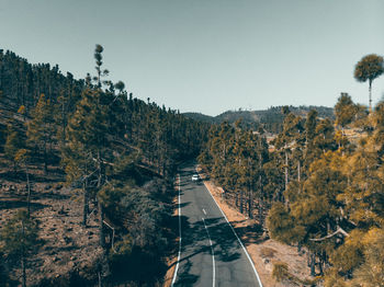 Road amidst trees against clear sky