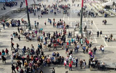 High angle view of crowd in town square