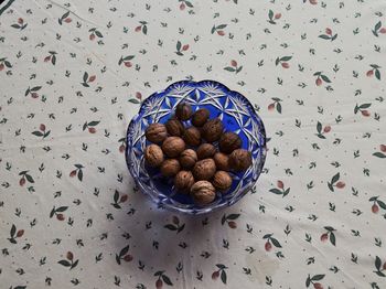 High angle view of ice cream in bowl on table