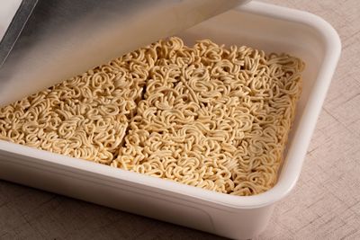 High angle view of bread in bowl on table