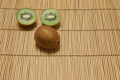 High angle view of bananas on wood