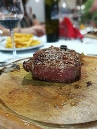 Close-up of meat in plate on table