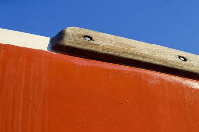 Low angle view of weathered wall against clear blue sky