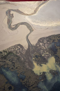 Aerial view of braided rivers winding in southern iceland