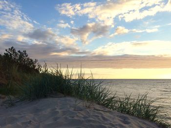 Scenic view of beach against sky during sunset