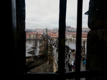 View of cityscape through window