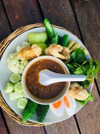 High angle view of meal served on table